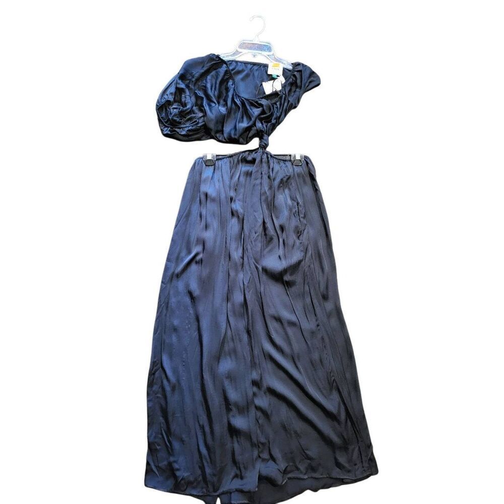 NWT Farm Rio Dress Women's Medium Black One Shoulder Midi Satin Ecovera - Picture 4 of 7